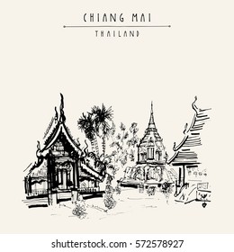 Chiang Mai, Thailand, Southeast Asia. The oldest Buddhist temple in town - Wat Chiang Maan. Hand drawn postcard or poster in vector