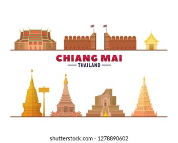 Chiang Mai Thailand top landmarks in white background. Vector Illustration. Business travel and tourism concept with modern buildings. Image for banner or web site.