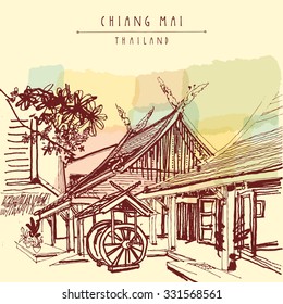 Chiang Mai, Thailand. Traditional Thai houses. Vintage hand drawn postcard template. Colorful vector illustration