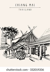 Chiang Mai, Thailand. Traditional Thai houses. Vintage hand drawn postcard template. Black and white vector illustration