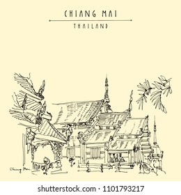 Chiang Mai, Thailand. Wat Phra Singh, highly revered old Buddhist temple with soaring wing-shaped roofs. Famous tourist attraction. Hand drawn vintage touristic postcard in vector