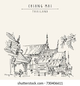 Chiang Mai, Thailand. Wat Phra Singh, highly revered old Buddhist temple with soaring wing-shaped roofs. Famous tourist attraction.  Hand drawn vintage touristic postcard in vector