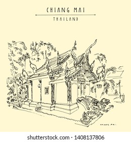 Chiang Mai, Thailand. Wat Umongmahatherachan, old Buddhist temple with soaring wing-shaped roofs. Meditation place. Hand drawn vintage touristic postcard in vector