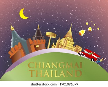 Chiangmai city of thailand ,Landmark and traval location such as Doi Suthep, Tha Phae gate ,Wat Phrathat Doisuthep temple and Doi Inthanon is signature cartoon design for flat design.