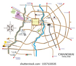 Chiangmai down town map, and landmarks.