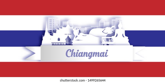 Chiangmai Thailand in paper cut style on flag background. Landmarks of Thailand Vectors Illustration