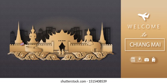 Chiangmai Thailand Travel postcard panorama, poster, tour advertising of world famous landmarks of Thailand in paper cut style. Vector illustration.