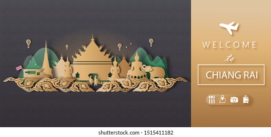 Chiangrai Thailand Travel postcard panorama, poster, tour advertising of world famous landmarks of Thailand in paper cut style. Vector illustration.