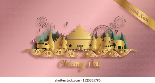 Chiangrai Thailand Travel postcard panorama, poster, tour advertising of world famous landmarks in paper cut style. Vector illustration.