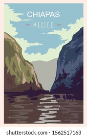 Chiapas retro poster. Chiapas travel illustration. States of Mexico greeting card. 