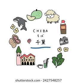 Chiba prefecture hand drawn cute icon set Translation “Chiba prefecture in Japan”