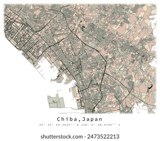 Chiba,Japan,city centre,accurate map,Urban detail Streets Roads color Map,editable vector element template image for marketing ,product ,wall art 