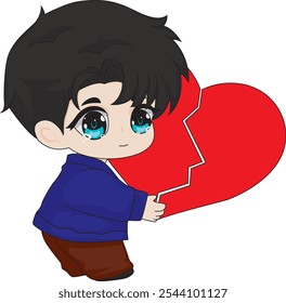 Chibi anime boy holding broken heart vector character art