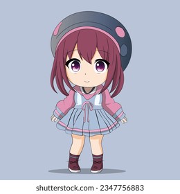 Chibi Anime Cute Cartoon Kawaii with dark red hair and purple eyes