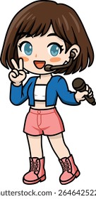 Chibi Anime Girl with Brown Hair, Blue Eyes, Blue Jacket, Pink Shorts, Peace Sign, Microphone