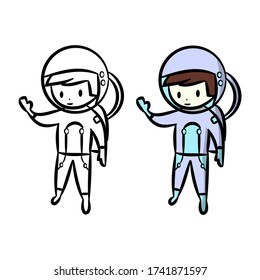 Chibi astronout hand drawn style illustration, with outlines for children's coloring books