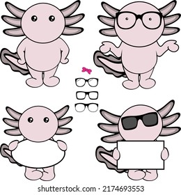 chibi axolotl kid cartoon billboard and glasses pack illustration in vector format