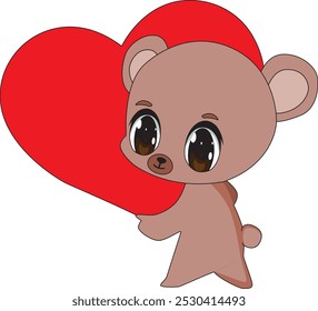 Chibi bear walking with holding heart vector