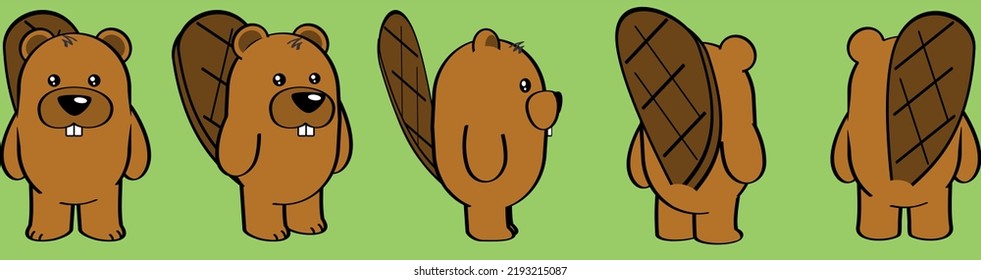 chibi beaver cartoon perspective view set pack in vector format