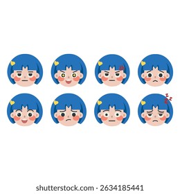 Chibi blue hair character wearing lovely yellow hair pin with different expressions illustration. Vector face reactions 1