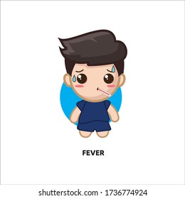chibi boy character has a headache, rhinitis, sore throat, dry cough, fever, and chills. 