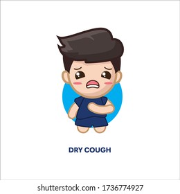 chibi boy character has a headache, rhinitis, sore throat, dry cough, fever, and chills. 