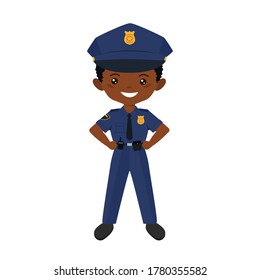 Chibi boy character in police uniform. Professions for children. Flat cartoon style. Vector illustration