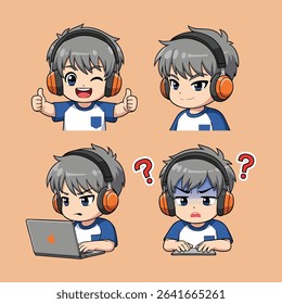 Chibi Boy Gamer Character Set, Emotions with Headphones and Laptop, showcasing various emotions and actions related to gaming or online activities.Vector illustrator