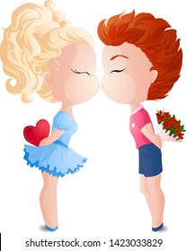 Chibi boy and girl. Kissing couple. Vector.