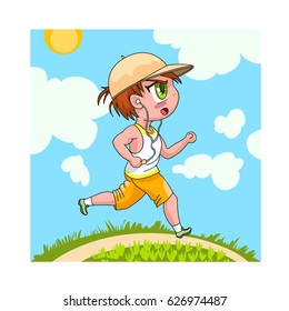 Chibi boy goes in for sports. Character design in manga comics and anime cartoons style. Young active man runs outdoors in sunny summer day. Vector illustration isolated on white background.