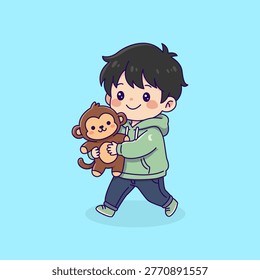 Chibi boy hugging an adorable stuffed monkey toy