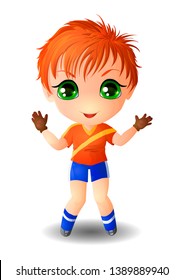 Chibi boy in an orange shirt with a yellow stripe. Goalkeeper protects the gate.
