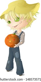 Chibi boy with a pumpkin in his hands and a Scarecrow costume for Halloween. Vector illustration.
