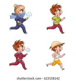 Chibi boy runs outdoors year-round. Character design in manga comics and anime cartoons style. Outfit for four seasons. Motivation for sport. Vector set isolated on white background.