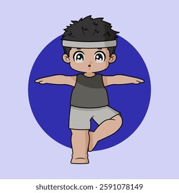 A chibi boy is training his balance.