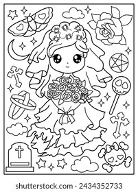 Chibi bride, corpse bride, wedding. Coloring book for children. Coloring book for adults. Halloween.