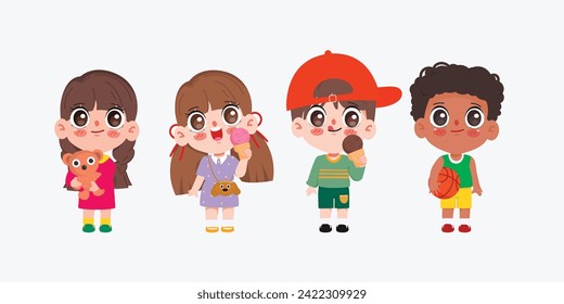 Chibi cartoon cute Little Children Having Fun Together. Happy Children's day background.