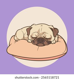 Chibi cartoon illustration of a Pug dog sleeping on a pillow