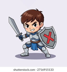 Chibi cartoon knight boy em armadura de prata com sotaques azuis, segurando uma espada afiada e um escudo com uma marca 'X' vermelha, pronto para a aventura.