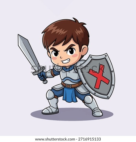 Chibi cartoon knight boy in silver armor with blue accents, holding a sharp sword and a shield featuring a red 'X' mark, ready for adventure.