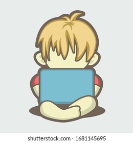 a chibi cartoon style vector graphic of a kid with laptop with 