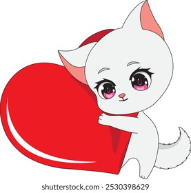 Chibi cat hugging heart valentine mascot vector