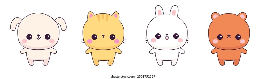 Chibi cat kitten, dog puppy, bunny rabbit, bear icon set. Cute cartoon kawaii funny baby animal character. Round face. Valentines day. Love card. Sticker print. Flat design. White background. Vector