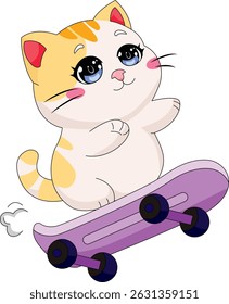 Chibi Cat Playing Skateboard Cartoon Vector
