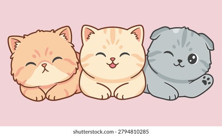 Chibi Cat Trio Wink Pink Background Vector Illustration
