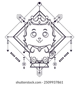 Chibi Cat Wearing Crown with Simple Background For Tshirt Design