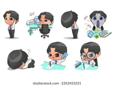 chibi character design concept of a Businessman with different poses, working and presenting process actions, and poses. Vector cartoon character design set.