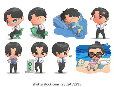 chibi character design concept of a Businessman with different poses, working and presenting process actions, and poses. Vector cartoon character design set.