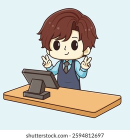 chibi character illustration as a cashier