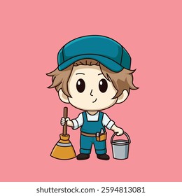 chibi character illustration of a janitor